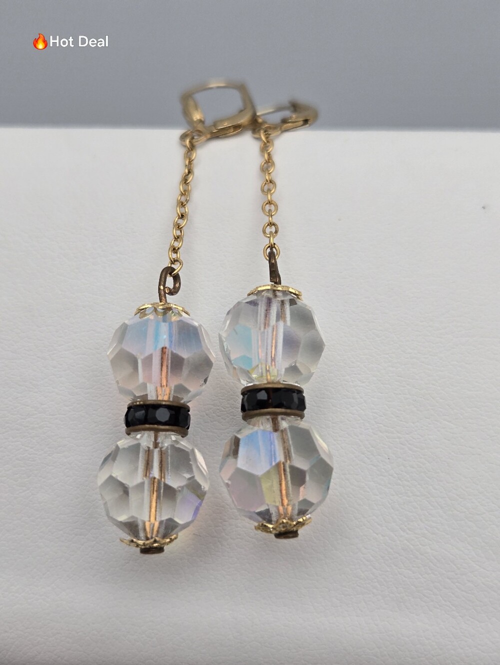 Vintage Aurora Borealis Crystal Drop Earrings Ges. Gesch. Snowman Style 2.5"